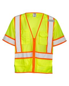 Hi-Vis 6 Pocket Contrast Lime Mesh  Class 3 Vest  w/ Zipper-3X - 1242-3X