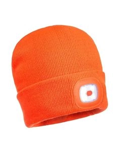 Portwest B029 Outdoor Work Beanie with Rechargeable Safety LED USB Head Light, Orange